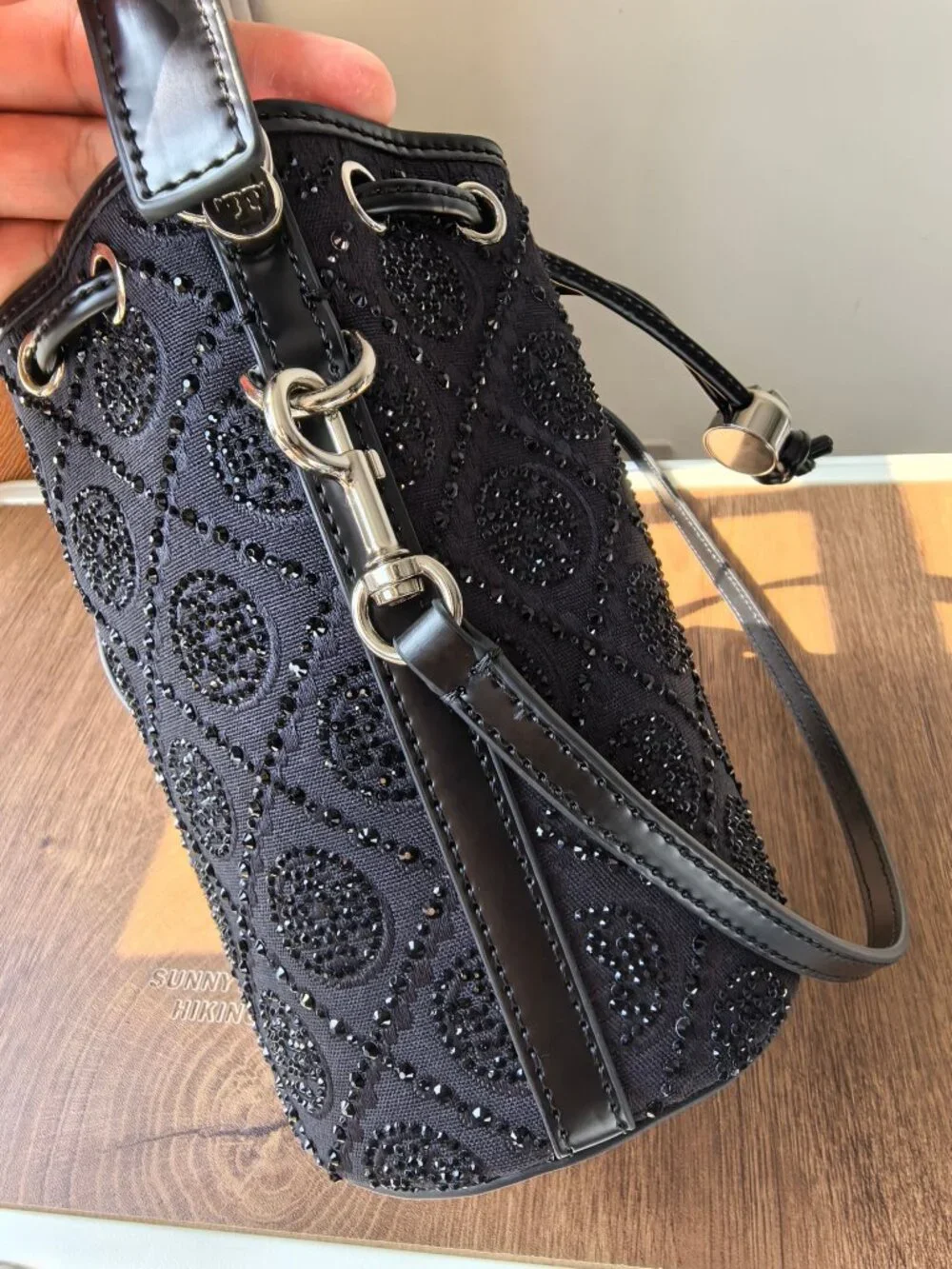 Tory Burch Black Rhinestone Monogram Mini Bucket Bag Two Straps